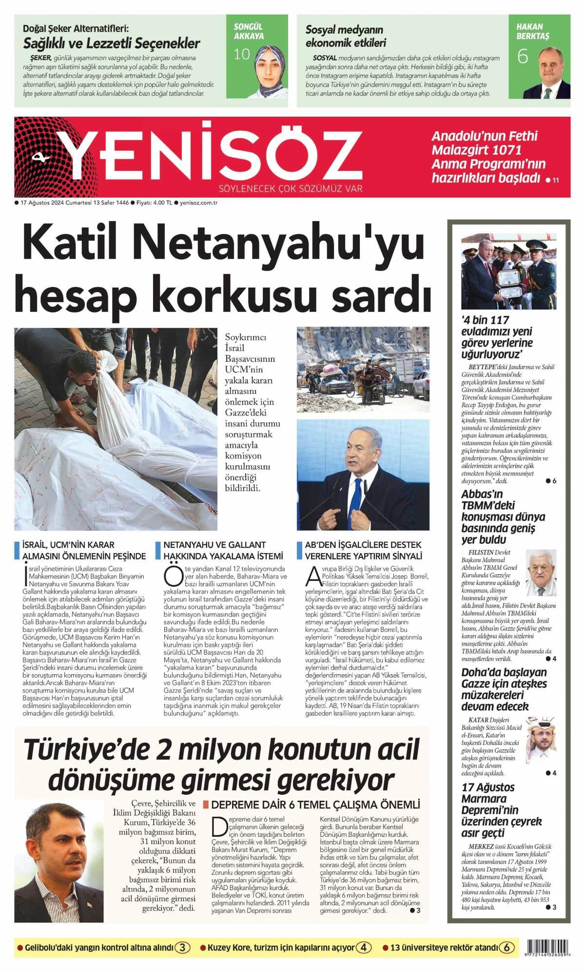 Yeni Söz Gazetesi İlk Sayfası